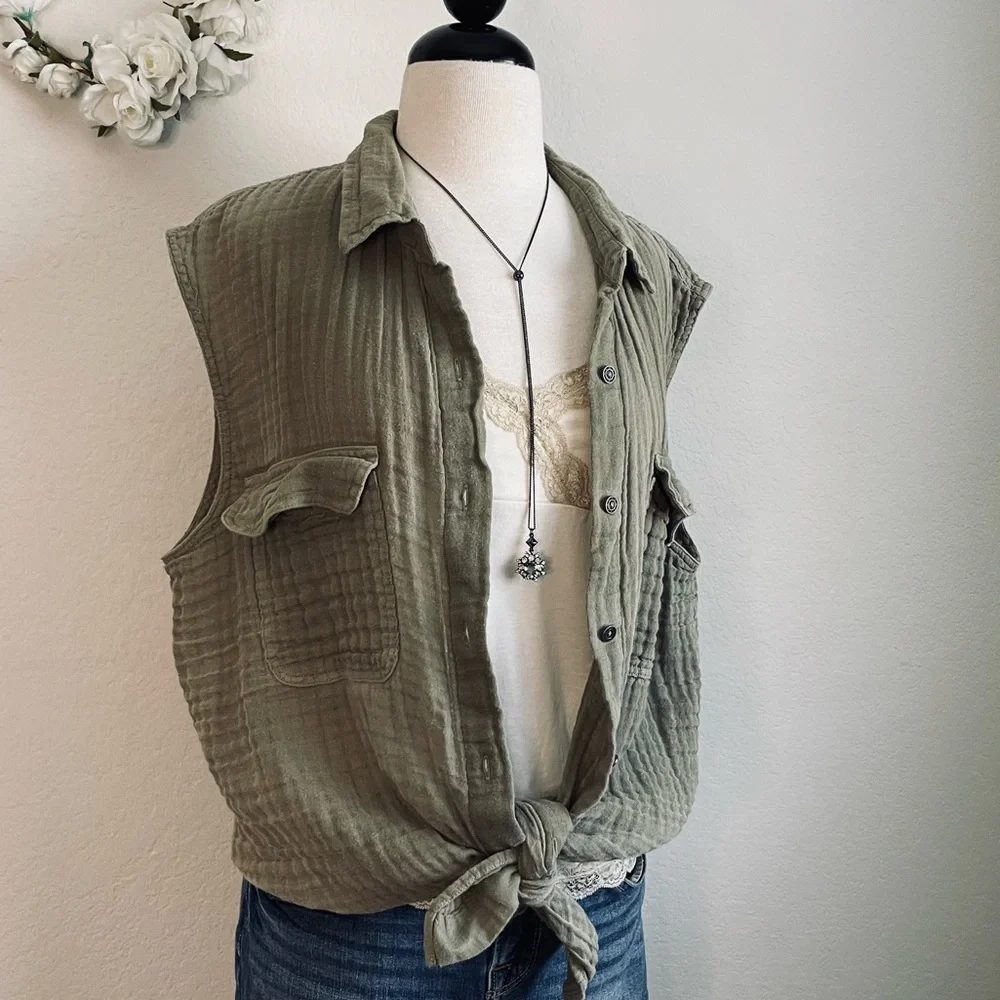 Free People Sleeveless Gauze Buttondown